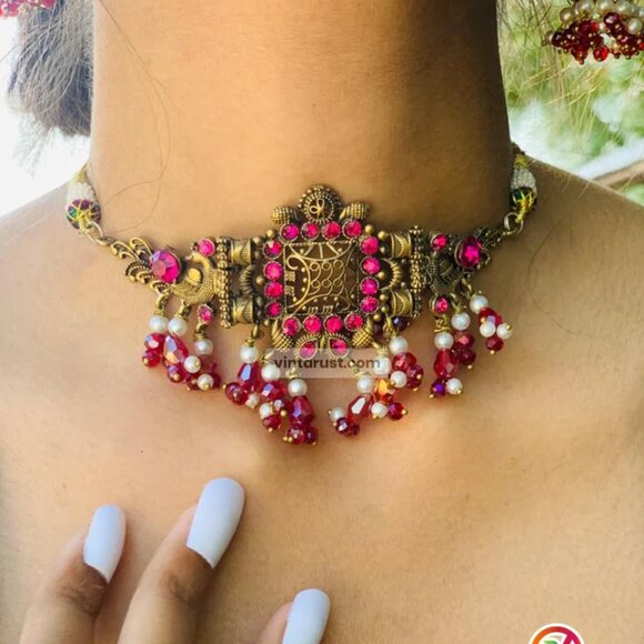 Handmade Jewelry Set With Pearls and Beads, Oxidized Jewelry Set, Choker Necklac - Picture 13 of 15